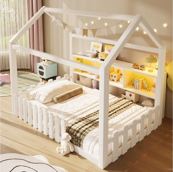 BlingBin Kinderbett Flachbett Bodenbett (Hausbett, 1-tlg, 90x190 cm), mit Gitter, Mit LED-Lichtleiste, Offene Staufächer, Hausdesign