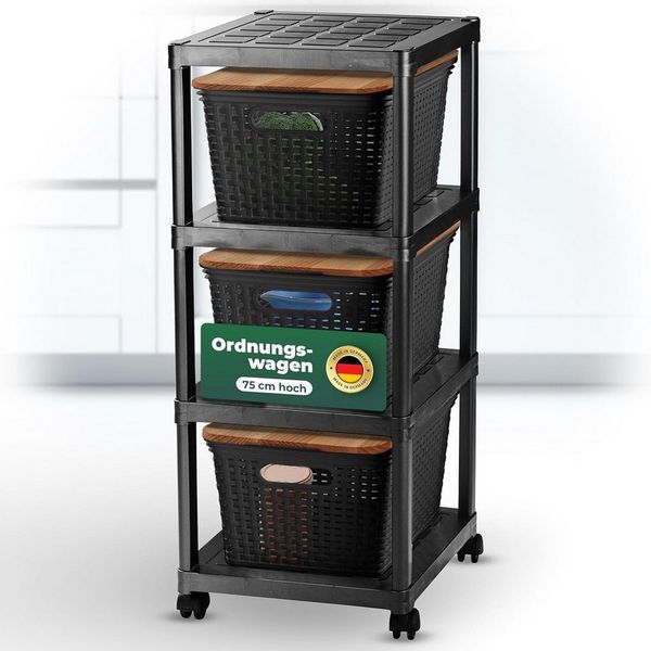 Novaliv Regalwagen 31149-30987-30989-1x, Novaliv Rollwagen 4 Etagen mit 3x Rattankorb Schwarz & Holz-Deckel, Ba