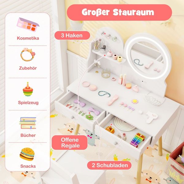 Kinder Schminktisch mit Beleuchtung 2 in 1 Frisiertisch mit Spiegel Weiß