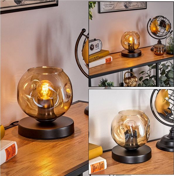 hofstein Tischleuchte Tischlampe aus Metall/Glas in Schwarz/Bernstein, ohne Leuchtmittel, mit Glasschrim(15cm), Schalter am Kabel, 1 x E27, ohne Leuchtmittel