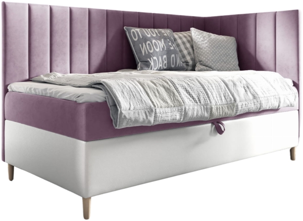 MEBLINI Kinderbett mit Bettkasten MAYA 3 90x200 Rechts – H3/Lila Samt Gepolstert Einzelbett mit Matratze - Polsterbett mit Stauraum - Bett mit Kopfteil – Stauraumbett