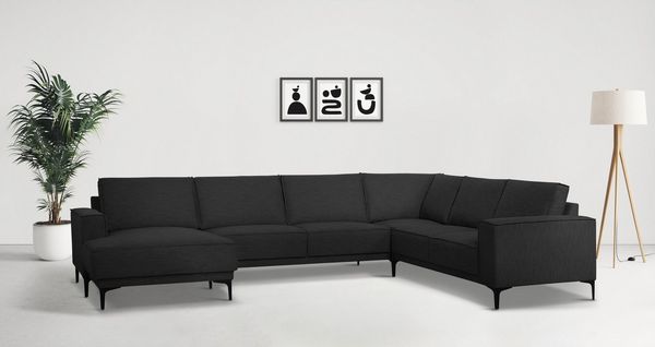 Places of Style Wohnlandschaft XXL Sofa Oland, Struktur, Flachgewebe, Luxus-Microfaser, Boucle, U-Form, 342 cm, Wellenunterfederung, Skandi-Design, Metallfüße