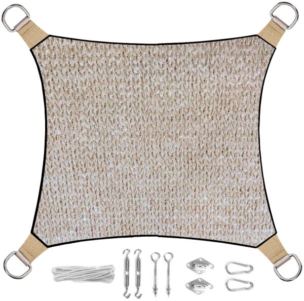 Sonnensegel Quadratisch wasserdurchlässig Champagner 25m² mit Ösenset für Balkon