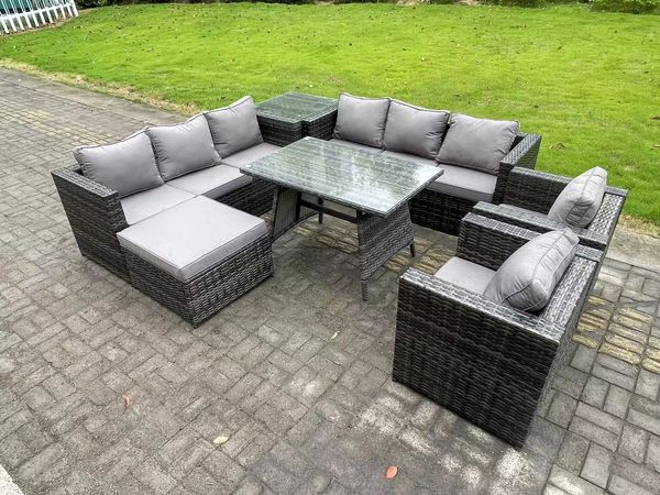 Fimous 9-Sitzer Polyrattan Gartenmöbel Set im Balkon Lounge Sofa Garten Esstisch Set mit 2 Sesseln Beistelltischen 2 Großer Hockern Dunkelgrau Gemischt