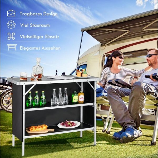 COSTWAY Campingtisch Klapptisch mit Stauraum, faltbar, 2 Regalen, aus Alu
