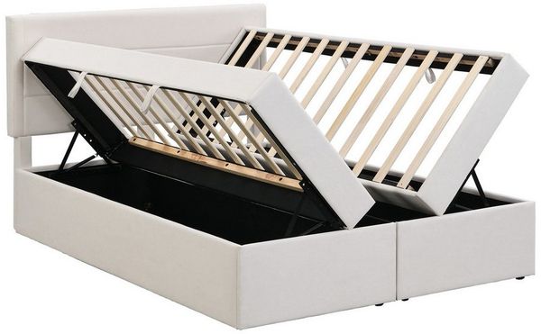autolock Polsterbett hydraulisches Doppelbett mit Lattenrost aus Metallrahmen & Stauraum (140×200 cm), Bettgestell Stauraumbett Beidseitig zu öffnen, Leinen, Beige