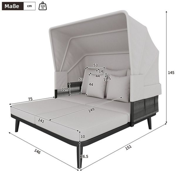 Celya Gartenlounge-Set Gartenmöbel für 2 Personen, Strandkorb, Gartenliege, Sonnenliege, (handgewebtes Seil, Grau), einziehbare Markise, verzinkter Stahlrahmen, 10 cm dicke Kissen