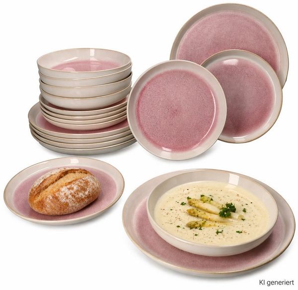 MamboCat Teller-Set 18tlg Tellerset Reactive Paris Creme Pink 6 Personen Steingut Essen, Steingut