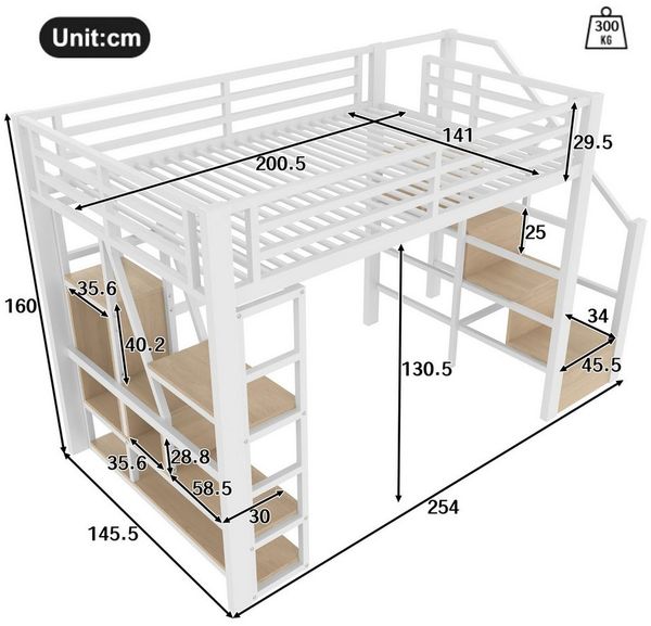 Ulife Hochbett Kinderbett Jugendbett mit LED-Beleuchtung und integrierten Regalen (1-St, Ohne Matratze) Eisenrahmen, offener Stauraum unter dem Bett, 140x200cm