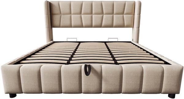 Polsterbett 180×200 cm mit Bettkasten und Lattenrost, Leinenoptik Beige, ohne Matratze Bild 6