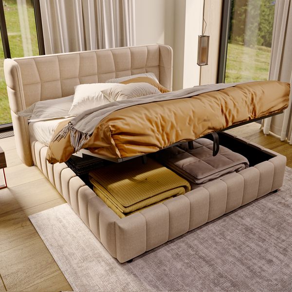 Polsterbett 180×200 cm mit Bettkasten und Lattenrost, Leinenoptik Beige, ohne Matratze