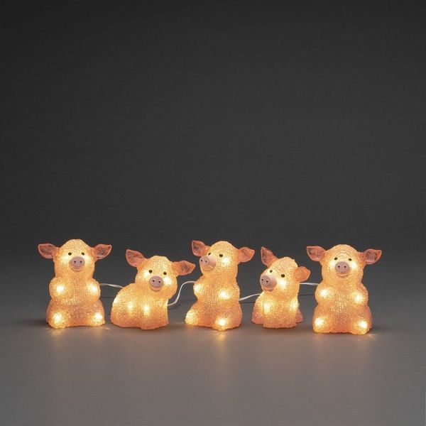 KONSTSMIDE LED-Lichterkette Weihnachtsdeko aussen, 40-flammig, LED Acryl Schweine 5-er Set, pink, 40 warm weiße Dioden