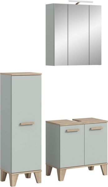 welltime Badmöbel-Set MINTTU, 3-teilige moderne Badkombi im SCANDI-Look, inkl. Beleuchtung, (3-St, bestehend aus: Midischrank, Waschbeckenunterschrank & Spiegelschrank), Bad-Kombination, Bad-Möbel, Badezimmer, Kombination, Kombi, Bad-Set