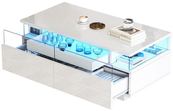 REDOM Couchtisch mit Rückprallschalter (Beistelltisch, Kaffeetisch, 1-St, 2 Schubladen), Hochglanz, mit LED-Licht