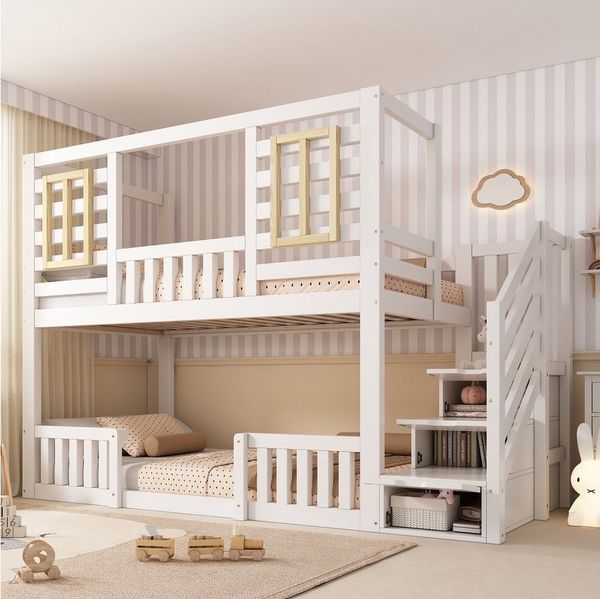 REDOM Hochbett Inklusive Lattenroste, mit Holzfenstern (Packung, 1-St, Etagenbett 90x200 cm, Weiß, 2 Liegeflächen) Praktischer Treppenschrank für Stauraum(ohne Matratze)