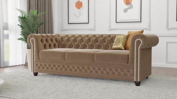 S-Style Möbel Chesterfield-Sofa Chesterfield Lena 3 sitzer Sofa aus Samt-Stoff mit Holzfüßen, 3-Sitzer, mit Wellenfederung