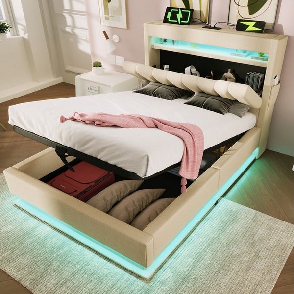 REDOM Polsterbett Bequeme Betten mit Stauraum und LED-Beleuchtung (Struraumbett, Funktionsbett, 90x200 cm, ohne Matratze, Beige), mit USB- und Typ-C-Anschlüssen, LED-Beleuchtung