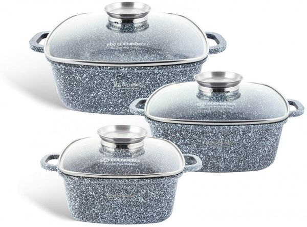 Edenberg Topf-Set Bräter, Quadratischer Topfset Kochtopf Keramik Grau Glasdeckel, Aluminiumguss (sehr hochwertig, 6-tlg, Zeitloses Design des Topfsets. Eine ideale Geschenkidee)