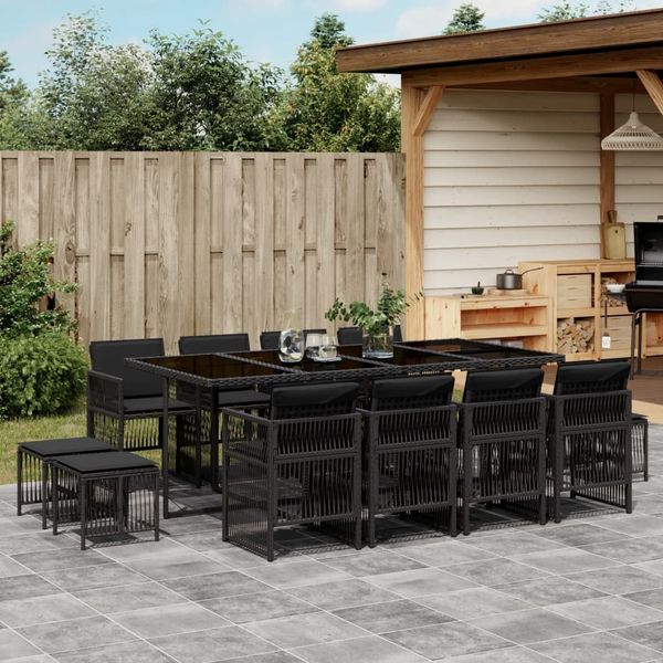 vidaXL 13-tlg. Garten-Essgruppe mit Kissen Schwarz Poly Rattan 3210979