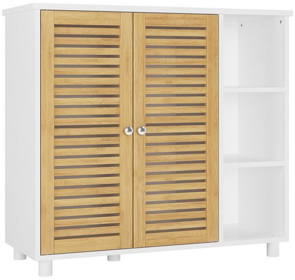 MSMASK Badkommode Badezimmerschrank mit 3 Offenen Regalen und 2 Bambustüren, 77 × 30 × 80 cm