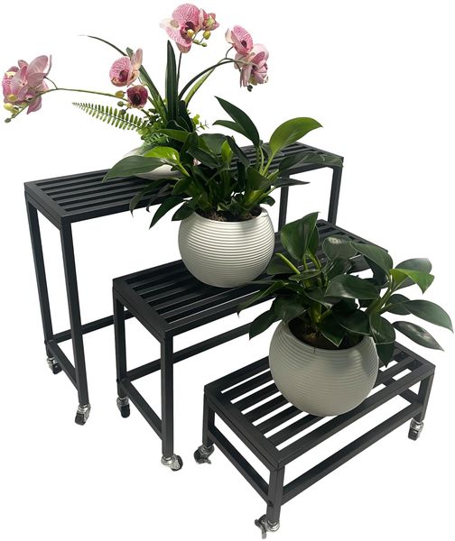 Pflanzbank JAKOB 3er Set Schwarz Stahl | Blumenständer Pflanzenständer Blumenbank