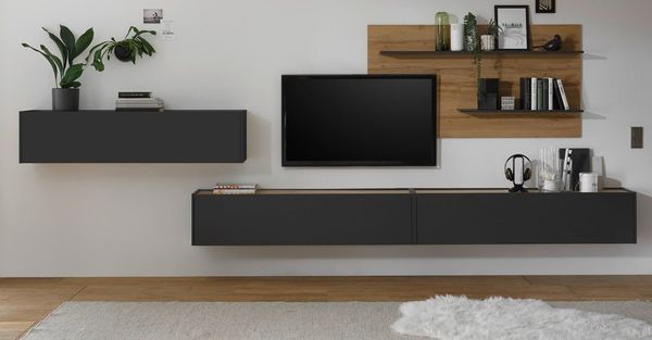 Furn. Design Wohnwand Center, (Wohnkombination in grau mit Wotan Eiche, 4-teilig, Breite 380 - 420 cm), mit großem TV Lowboard