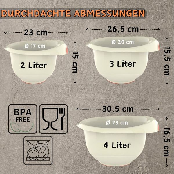 Engelland Rührschüssel 3er Set Backschüsseln mit Griff, Salatschüsseln, Kunststoff, (Vorteils-Set, 3-tlg), robust, BPA-frei, stapelbar, rutschfeste Silikonfüße, Einhandausguss