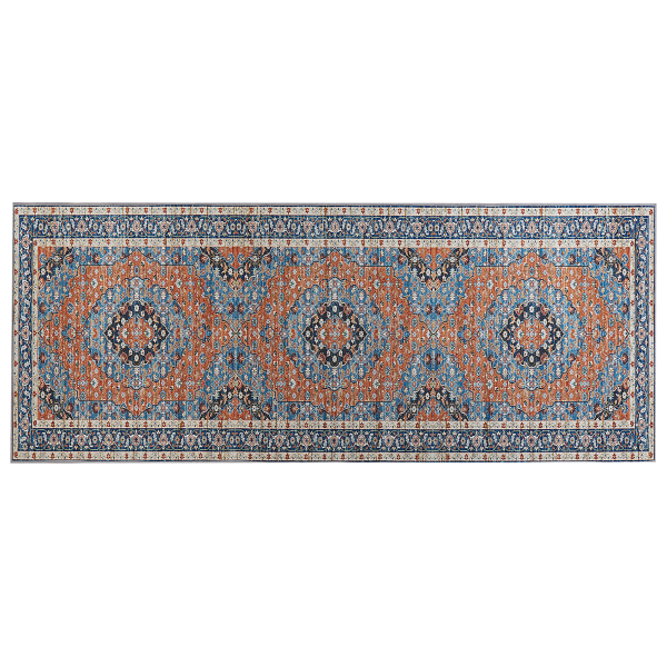 Teppich blau orange 80 x 200 cm orientalisches Muster Kurzflor MIDALAM