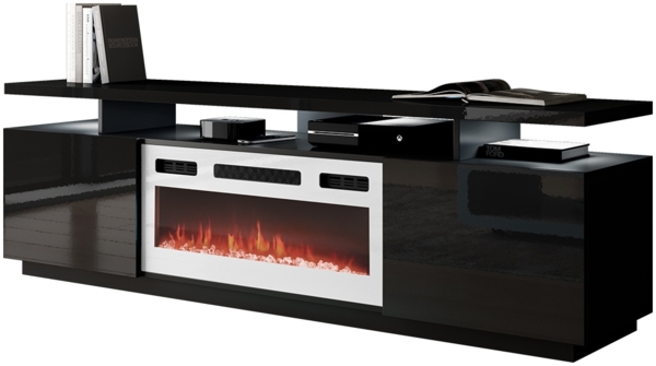 TV-Lowboard Lostino mit weiß Kamin (Schwarz / Schwarz Hochglanz, mit LED Beleuchtung)