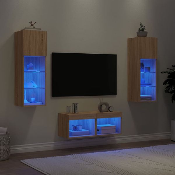 vidaXL 4-tlg. TV-Wohnwand mit LED-Leuchten Sonoma-Eiche 3216578
