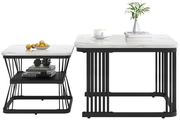 BlingBin Couchtisch Moderne Beistelltische, Satztisch, Wohnzimmertisch, Kaffeetisch (2er Set, 2-St, 65x65x45 cm & 45x45x39,5 cm, Gewichtskapazität: 30KG), Sofatisch, MDF in Marmoroptik, Stahlrohr Weiß Hochglänzend Schwarz
