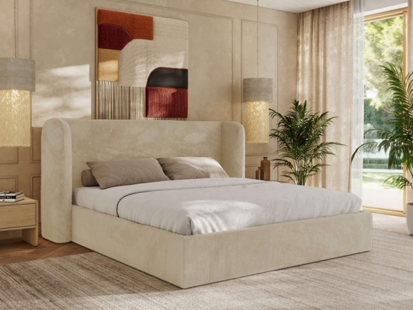 Polsterbett Bett mit Holzlattenrost Schlafzimmer Bett Doppelbett gepolstertes Kopfteil - EMORA CLASSIC - 200x200 cm - Creme Plüsch