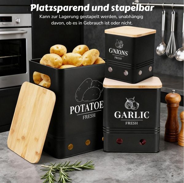 BlingBin Aufbewahrungsbox 3er Set Vorratsbox Set mit Bambusdeckel, Küche Aufbewahrung (3er Set, 3 St, Groß:27×22×19cm, Mittel:17.5×13.5×17cm, Klein:11.2×11.2×14cm), Stapelbar & Verschachtelbar, Aufbewahrung Kartoffeln Zwiebeln