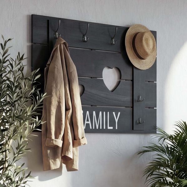 Wandgarderobe HWC-C89 Family, Garderobenpaneel Garderobe, Shabby-Look Vintage, 8 Haken 60x90cm ~ dunkelgrau, shabby