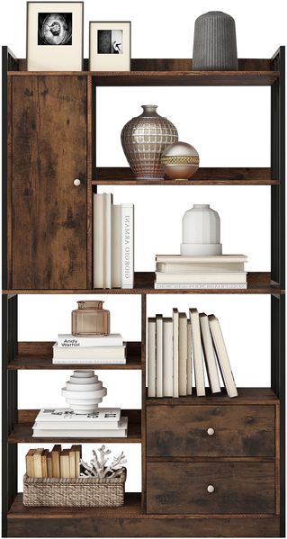 Flieks Bücherregal 100 x 30 x 173.5 cm, Industrial Regal mit Türen, Schubladen, 6 Ebenen, Metallrahmen, Vintagebraun/Schwarz