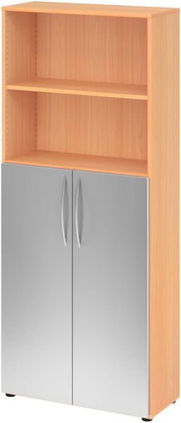 bümö Mehrzweckschrank 80cm breit, Aktenschrank o. Schuhschrank hoch, Regal Schrank-Kombi, Küchenschrank in Buche/Silber aus Holz, Vorratsschrank & Haushaltsschrank mit Metallgriffen, 4770-6-S-BM