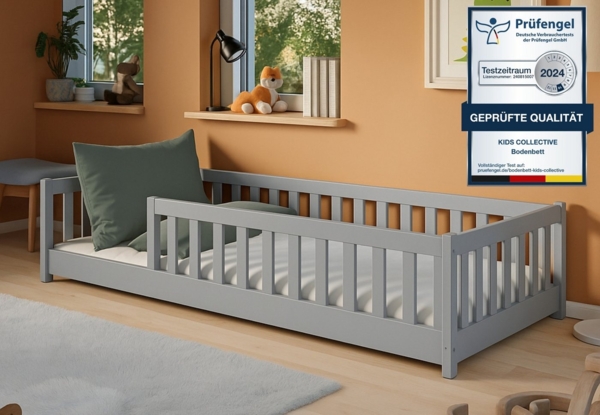 Kids Collective Bodenbett, mit Rausfallschutz & Lattenrost, Kiefer Aschgrau, 80x160 cm