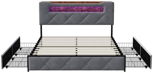 Gdood Polsterbett LED Stauraumbett 140x200cm, Doppelbett mit Kopfteil und 4 Schubladen (1-tlg, Samtmaterial Polsterbett mit RGB Beleuchtung), Bett mit Lattenrost, Ladefunktion, Komforthöhe und leisem Design