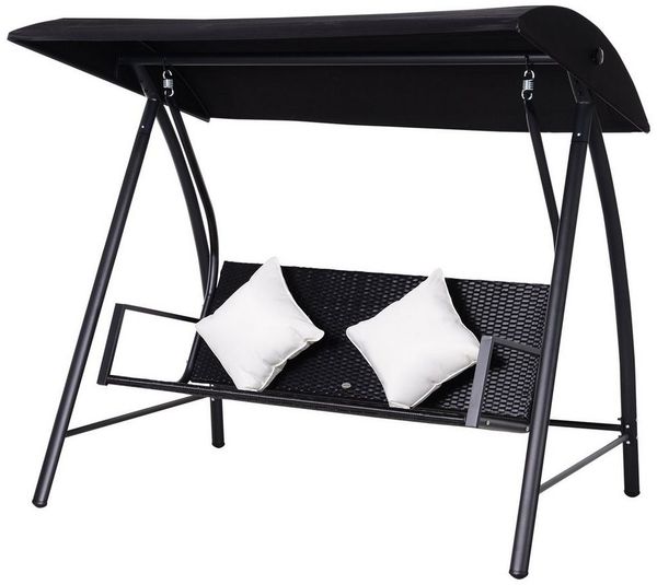 Outsunny Hollywoodschaukel Polyrattan mit Kissen belastbar bis 360kg, 3-Sitzer, Bettfunktion, Rattenschaukel, 1 tlg, Schaukel, Metall Schwarz 198B x 124T x 179H cm