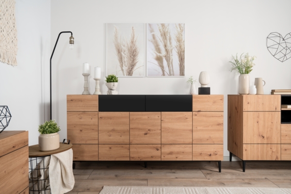Nola 51A Sideboard, Dekor Artisan Oak / schwarz | Sideboard für Wohnzimmer | Maß: B x H x T ca. 180 x 90 x 42 cm | Sideboard mit 2 großen Türen, 3 kleinen Türen und 2 Schubkästen