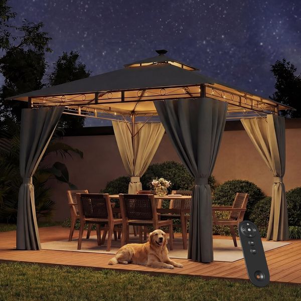 JUMMICO Garten Pavillon mit Beleuchtung, wasserdicht & vier Seitenwänden, Grau, 3x3 m