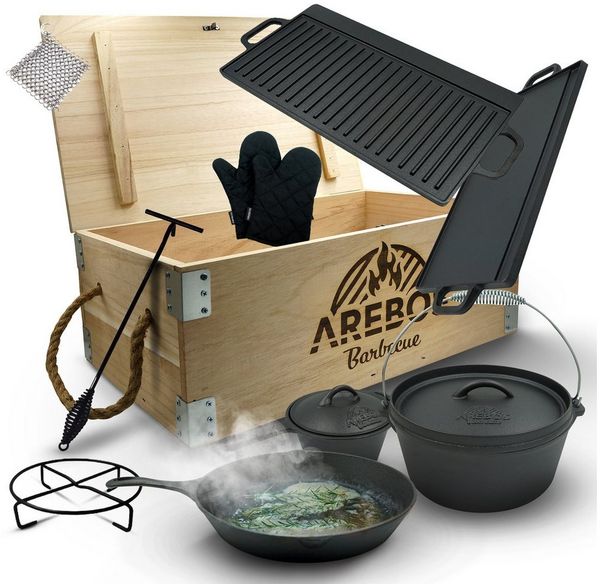 Arebos Topf-Set Dutch Over BBQ Set aus Gusseisen Feuertopf Schmortopf, Gusseisen (Set)