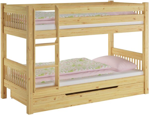 Kinderstockbett aus Massivholz mit wählbarem Zubehör, Liegefläche 90x200 V-60.12-09Ni70Rollrost und Bettkasten inkl.