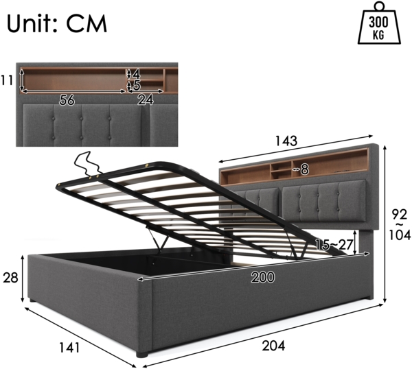 Polsterbett 140x200 cm mit verstellbarem Kopfteil, Steckdosen & USB/Type-C,Stauraum,Leinenstoff grau Bild 8