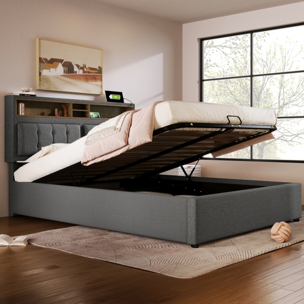 Polsterbett 140x200 cm mit verstellbarem Kopfteil, Steckdosen & USB/Type-C,Stauraum,Leinenstoff grau Bild 4