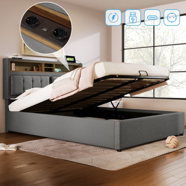 Polsterbett 140x200 cm mit verstellbarem Kopfteil, Steckdosen & USB/Type-C,Stauraum,Leinenstoff grau Bild 2