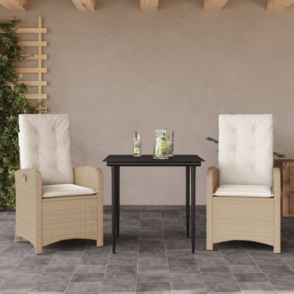vidaXL 3-tlg. Garten-Essgruppe mit Kissen Beige Poly Rattan 3212370