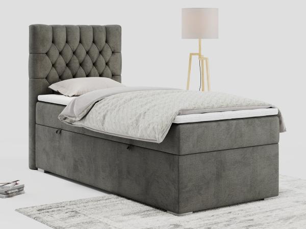 Boxspringbett PERA, Polsterbett mit Kopfstütze, gepolsterte Kopfstütze, Einzelbett, 90x200 - Dunkelgrau Velours - links - H3