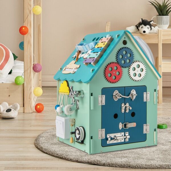 Kinder Spielhaus aus Holz mit Sinnesspielen und Stauraum für Kinder ab 3 J. Blau