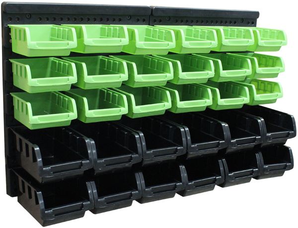32tlg Stapelboxen mit Wandregal Set für Werkstatt Lager Schraubenbox Schütten zum Beschriften